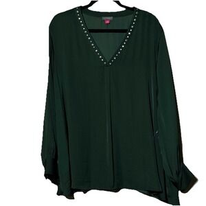 Vince Camuto 3X Deep Emerald Green Flowy Blouse Studded V-Neck Long Sleeve NWT